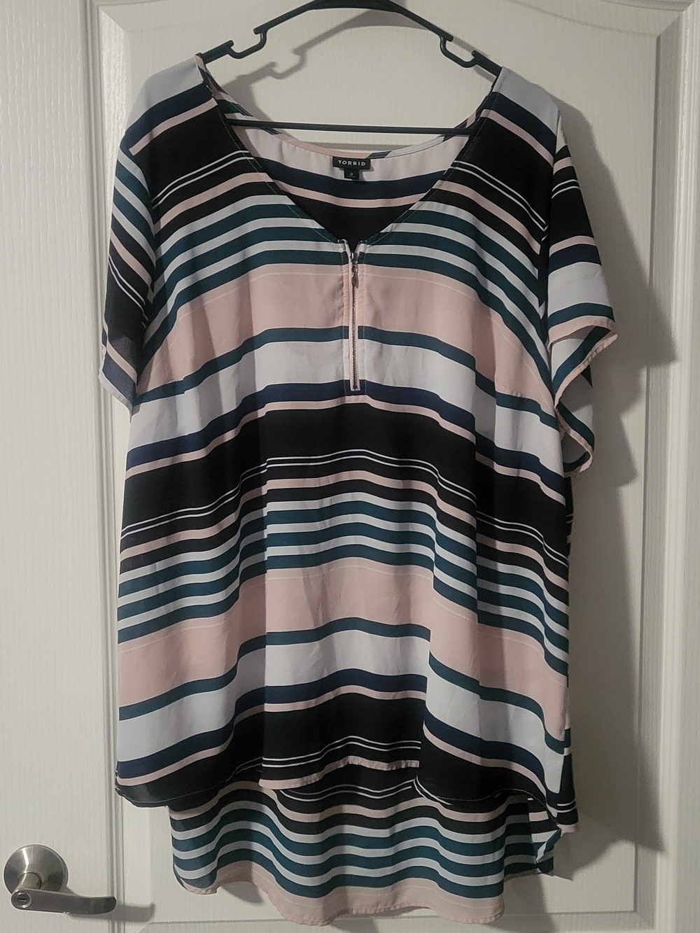 Torrid Pink & Black Striped Zip-Front Blouse